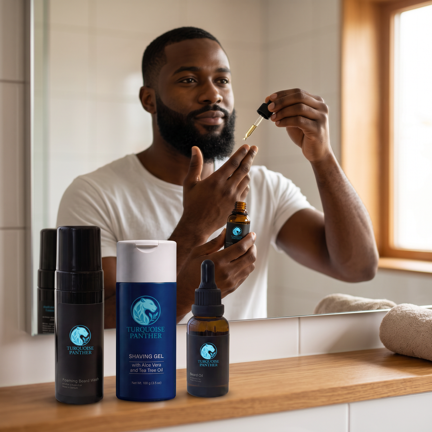 Black man applying beard oil at a bathroom counter with the Complete Beard & Skin Routine products lined up