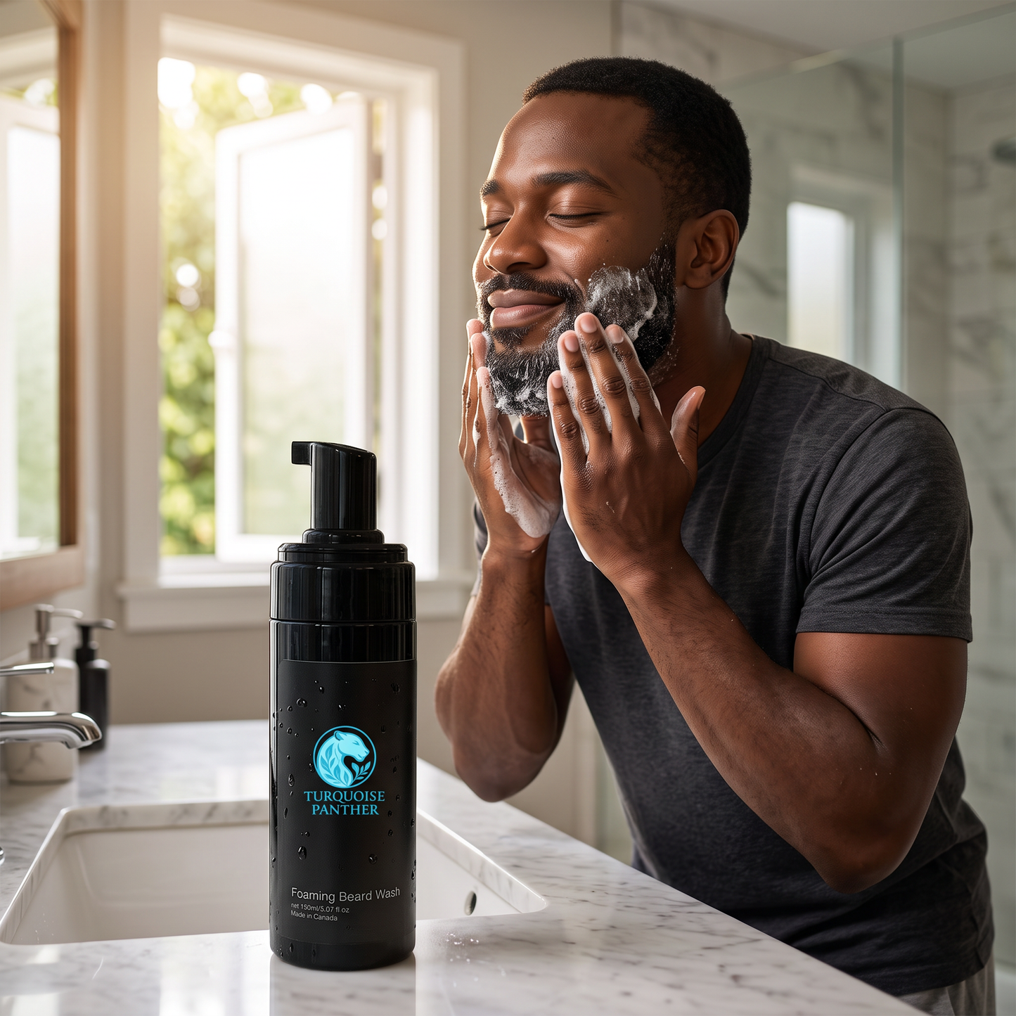 Black man lathering Aloe & Dead Sea Salt Beard Wash through his beard at a bathroom sink