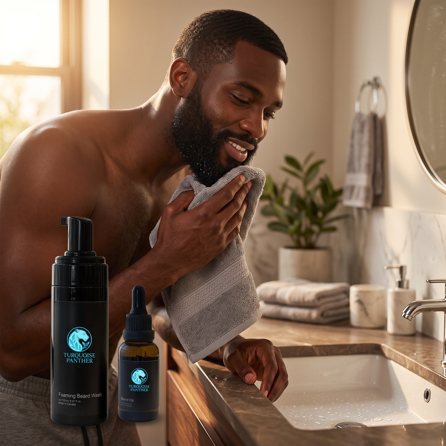 Black man towel-drying his beard with the Beard Care Routine wash and oil on the sink counter