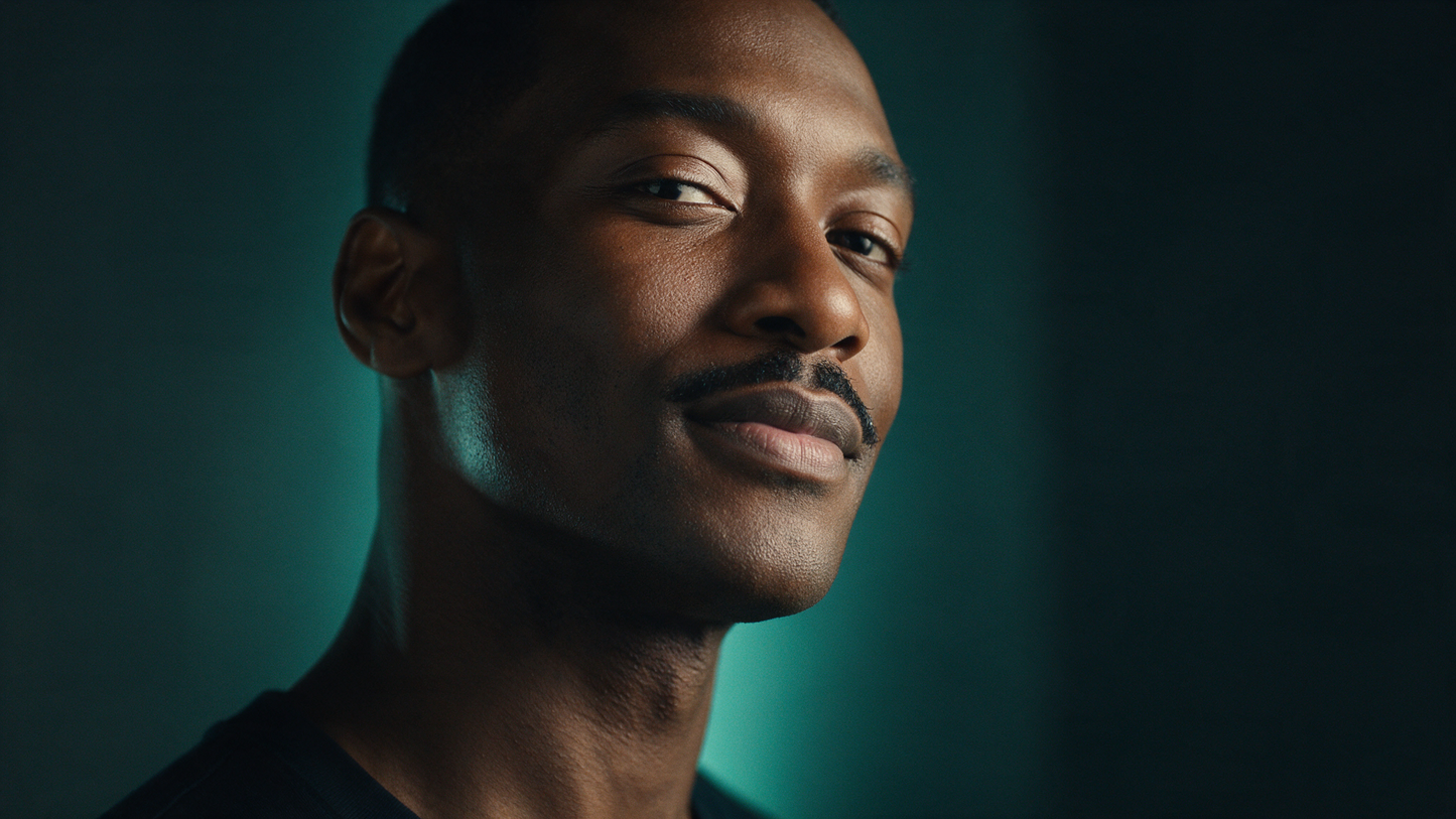 Black man with a freshly shaved, smooth jawline against a deep teal background — Turquoise Panther Razor Bump Routine