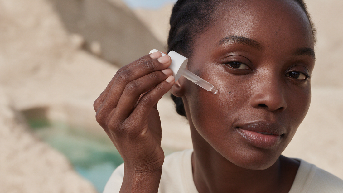 Black woman with deep brown skin applying a dropper of serum to her cheek
