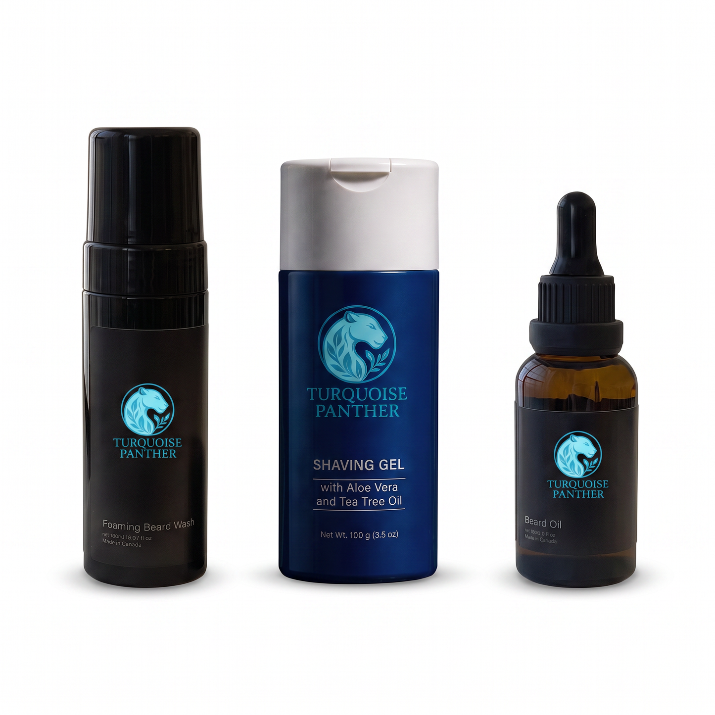 The Complete Beard & Skin Routine - Turquoise Panther beard wash, shaving gel, and beard oil on white background