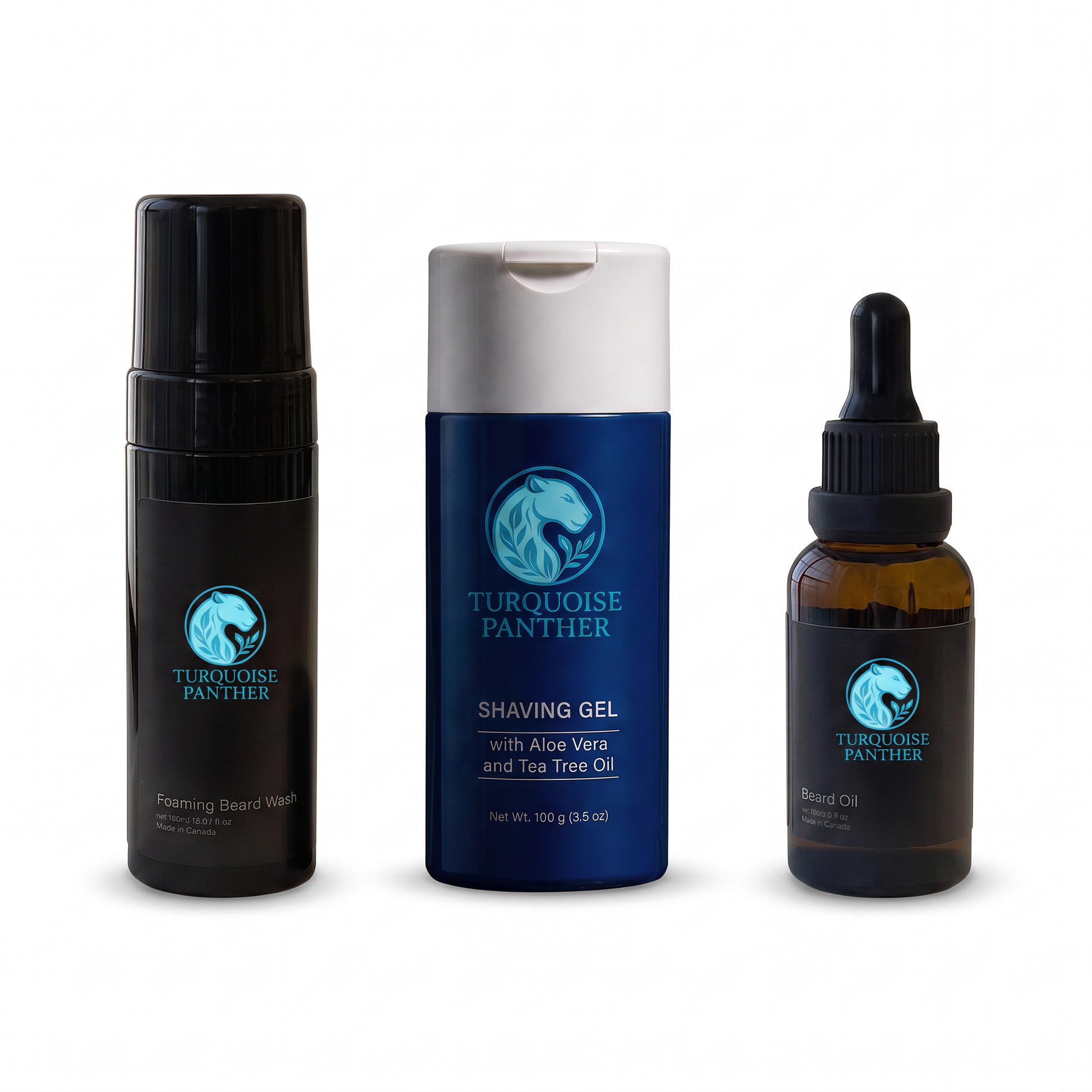 The Complete Beard & Skin Routine - Turquoise Panther beard wash, shaving gel, and beard oil on white background