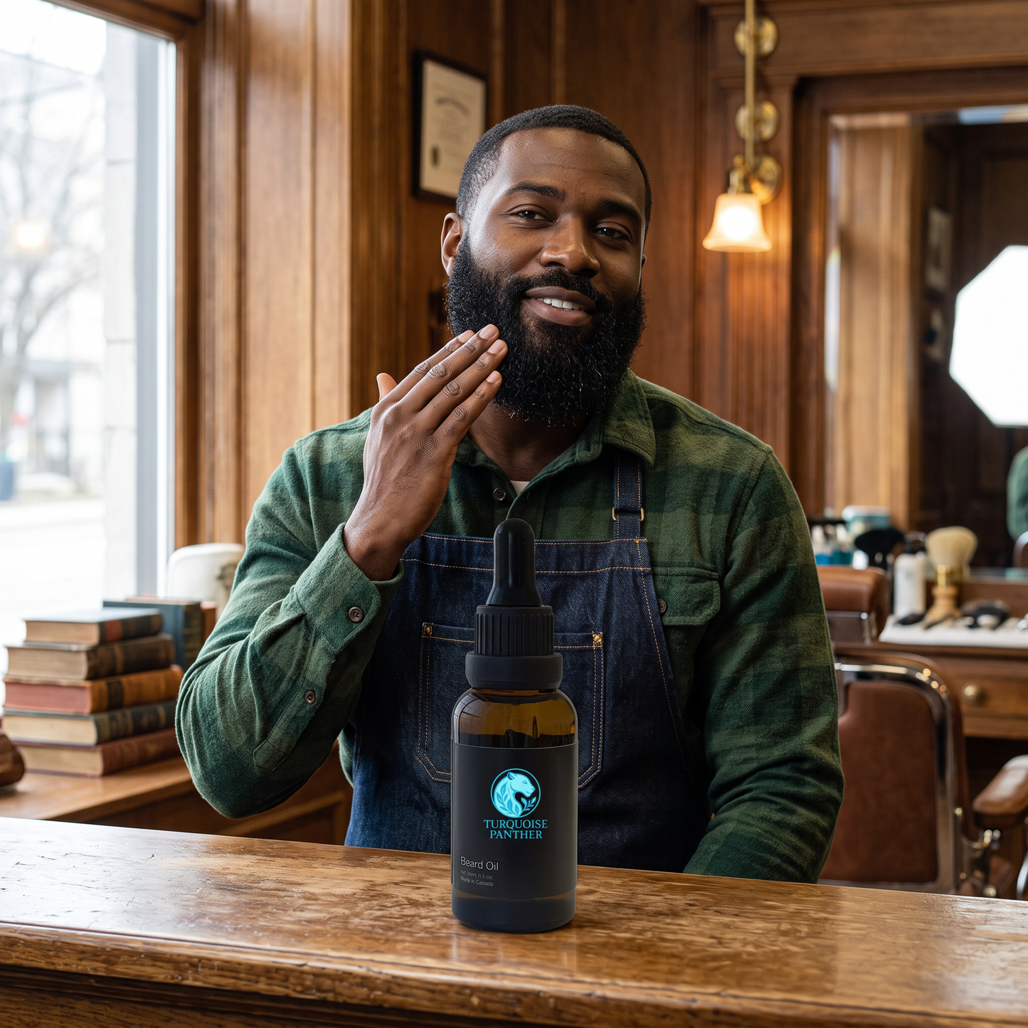 Black man with a full beard massaging Reserve Vegan Beard Oil into his beard in a warm barbershop setting