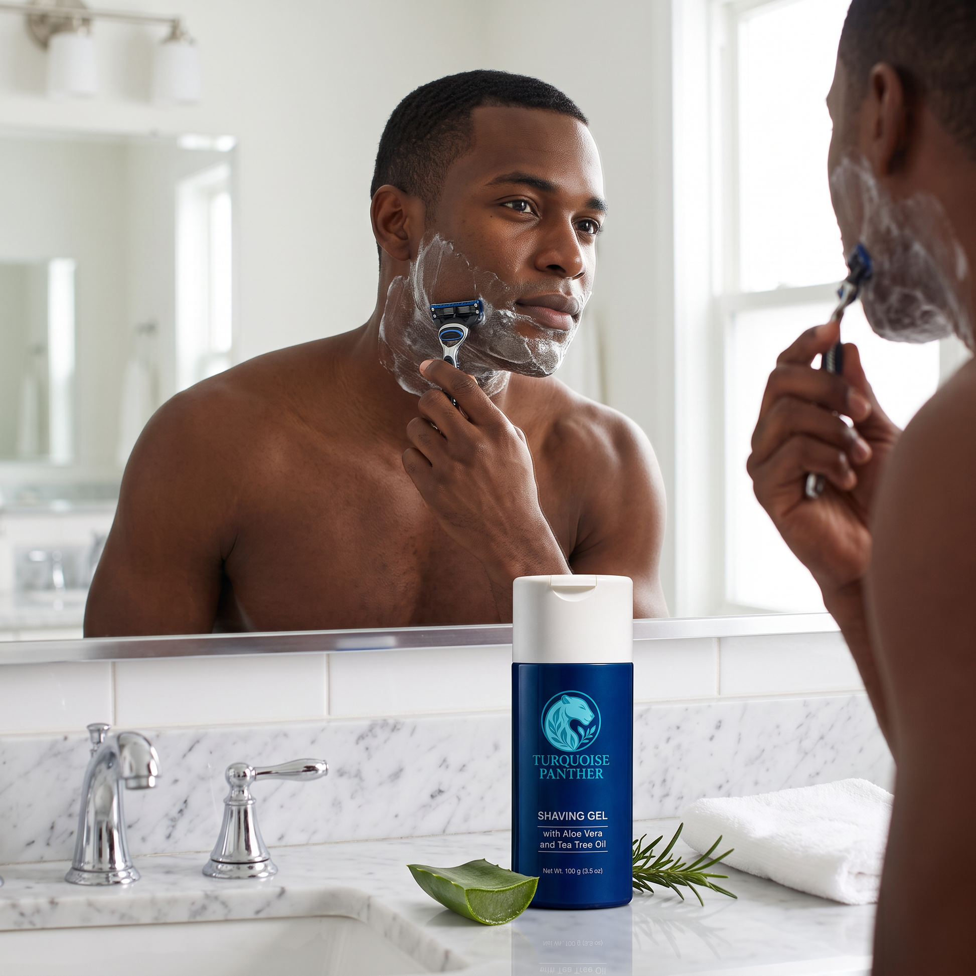 Black man mid-shave with Aloe & Tea Tree Shaving Gel lather on his jaw and razor in hand