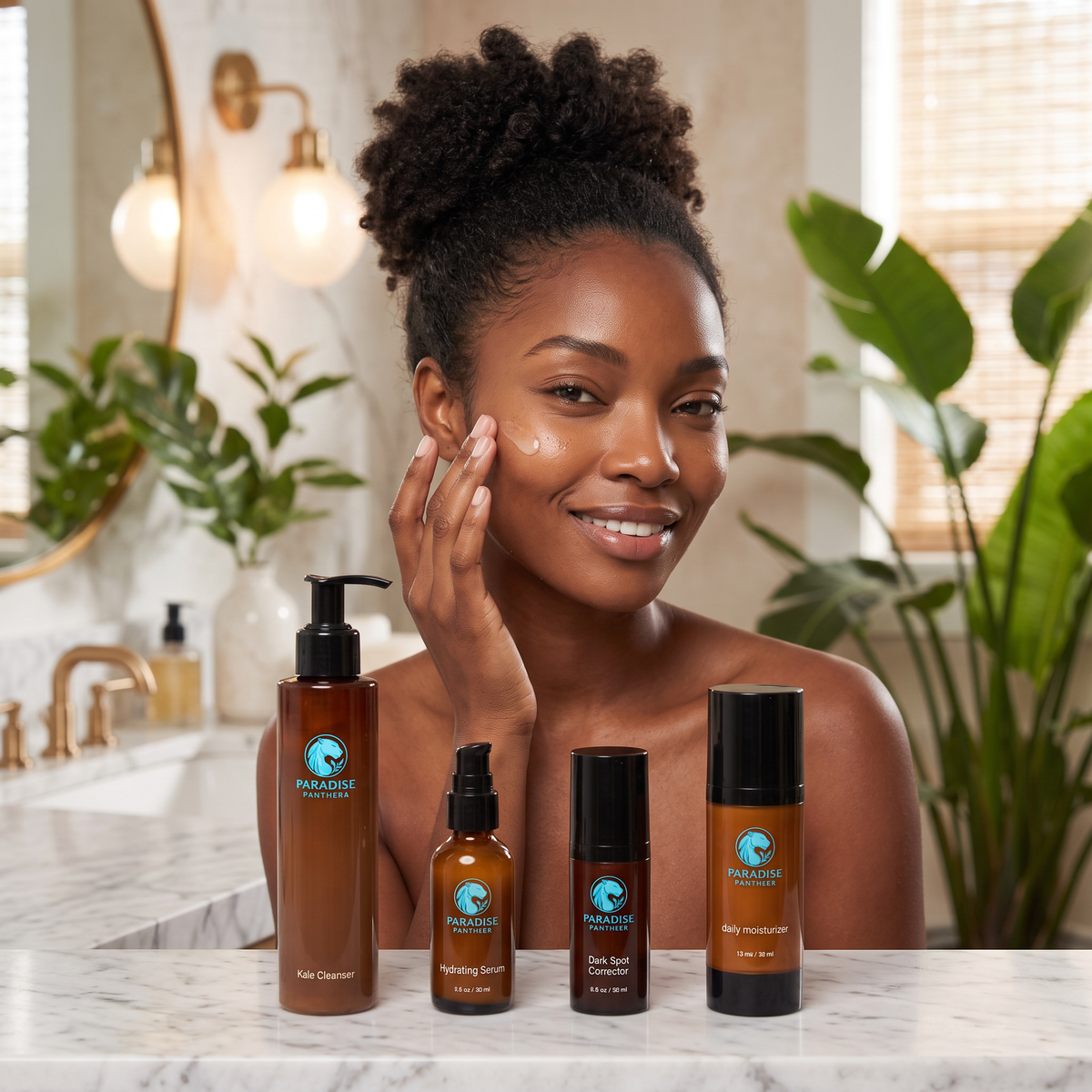 Black woman applying serum at a marble vanity with the Hyperpigmentation-Safe Essentials products arranged in front of her